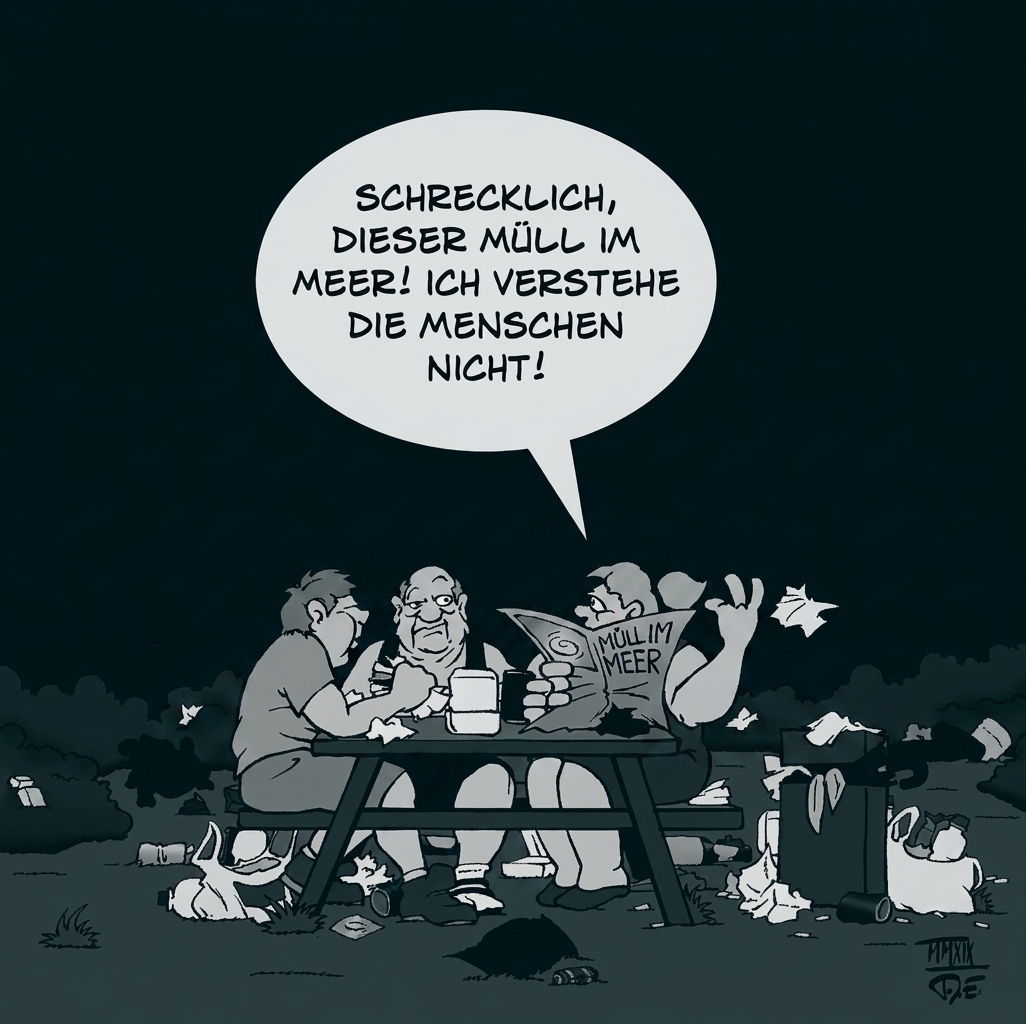 Karikatur mit Menschen am Tisch im Müll, einer liest über Müll im Meer.